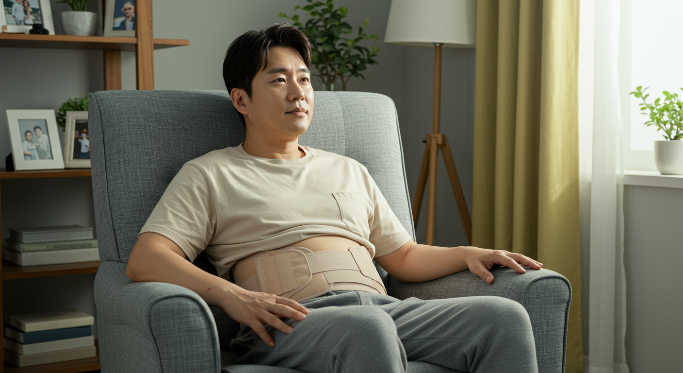 집에서 복대를 착용하고 편안한 의자에 앉아 있는 남성