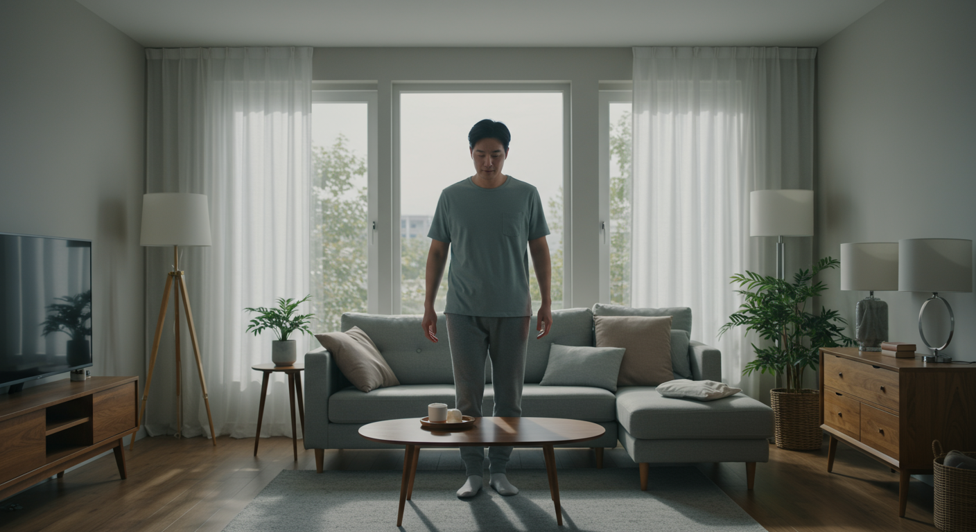 첫 주에 집에서 휴식을 취하며 거실을 짧게 걷는 남성