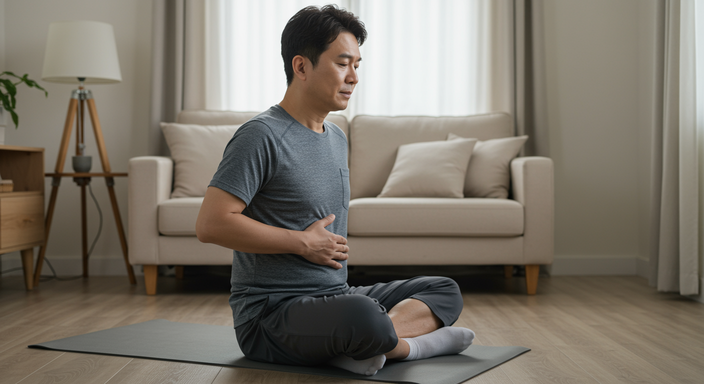 집에서 복식호흡 연습을 통해 복압을 조절하는 남성