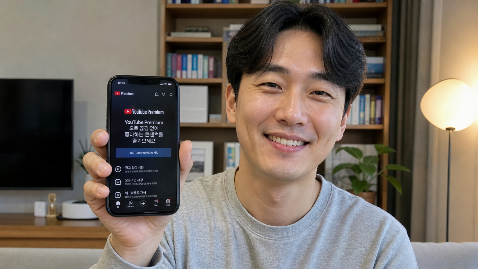편안한 가정 환경에서 스마트폰으로 유튜브 프리미엄 인터페이스를 사용하는 성인
