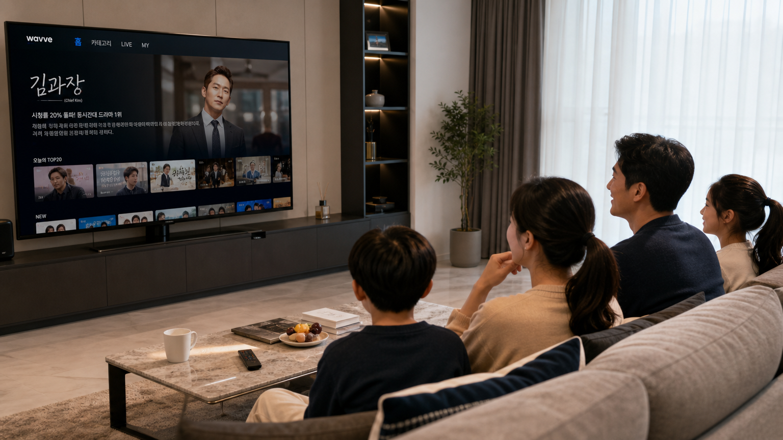 거실에서 웨이브로 '김부장' 드라마를 시청 중인 가족의 모습