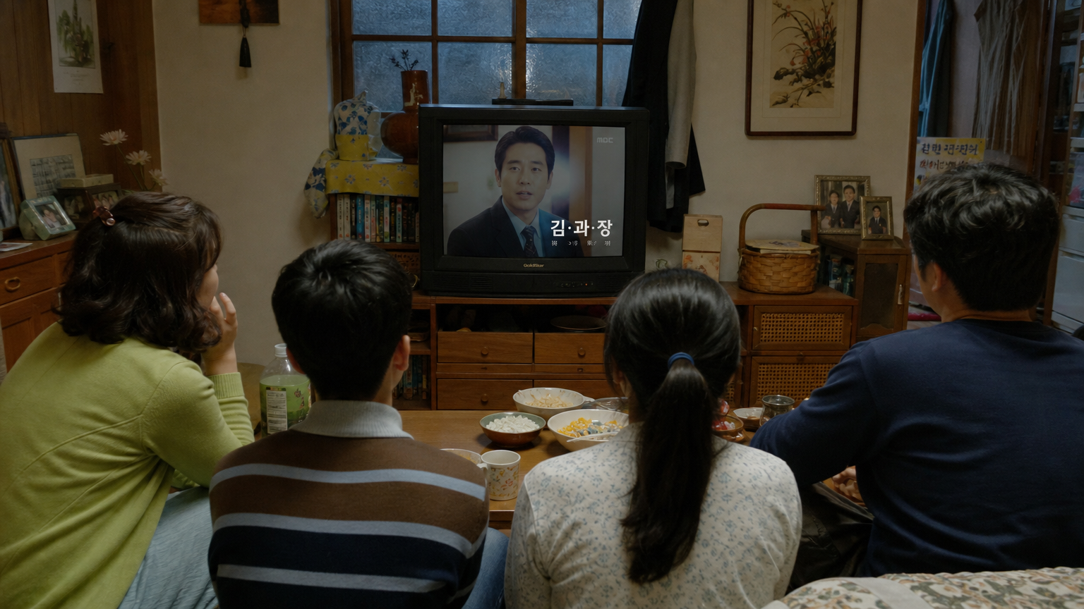 오래된 TV 앞에 모여 무료로 '김부장' 재방송을 시청하는 사람들