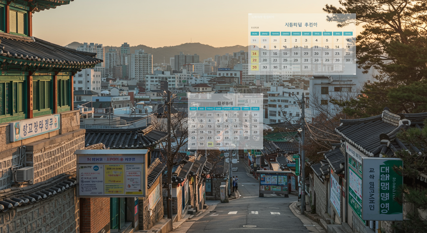 서울, 경기, 부산, 대구의 다양한 신청 일정을 나타내는 디지털 캘린더가 겹쳐진 도시 풍경