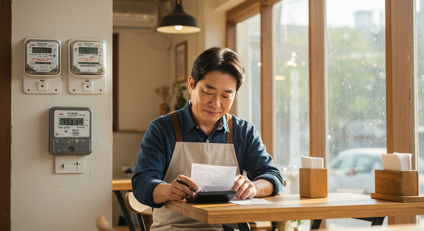 전기 및 수도 요금 절감을 배경으로 계산서를 확인하며 안도하는 카페 운영자
