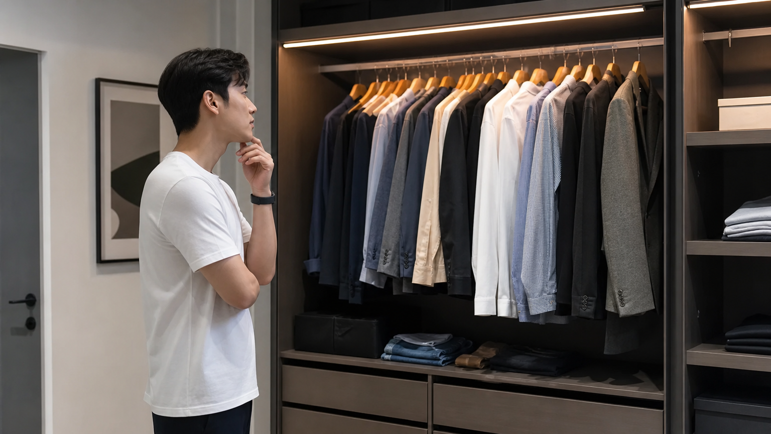옷장 앞에서 오늘의 의상을 고민하는 현대적인 인테리어 속 남성