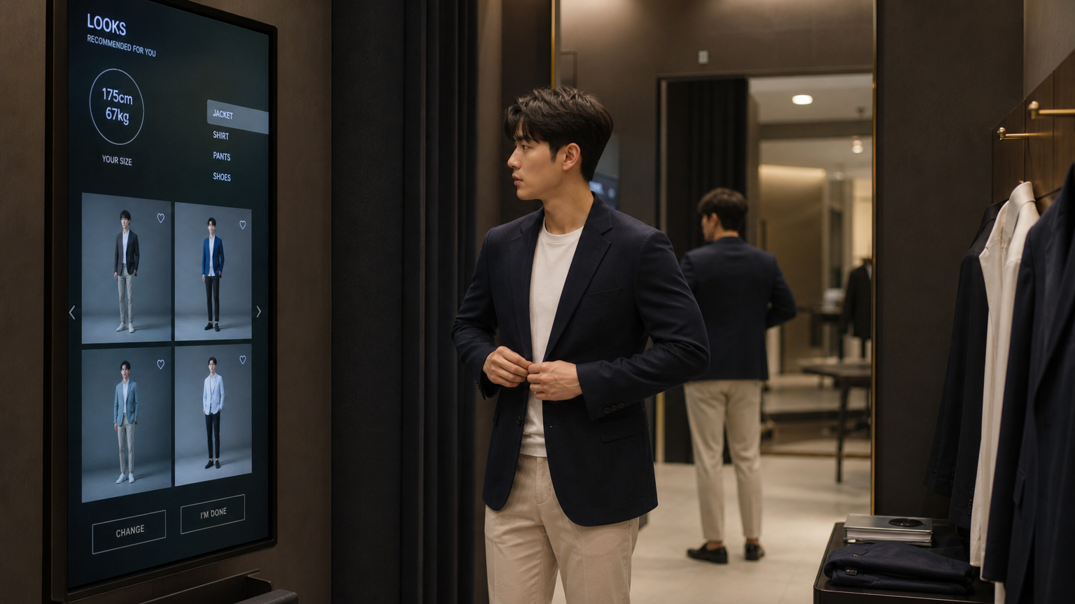 디지털 디스플레이를 통해 체형별로 제안된 의상을 시도해 보는 고객 맞춤 피팅룸 장면