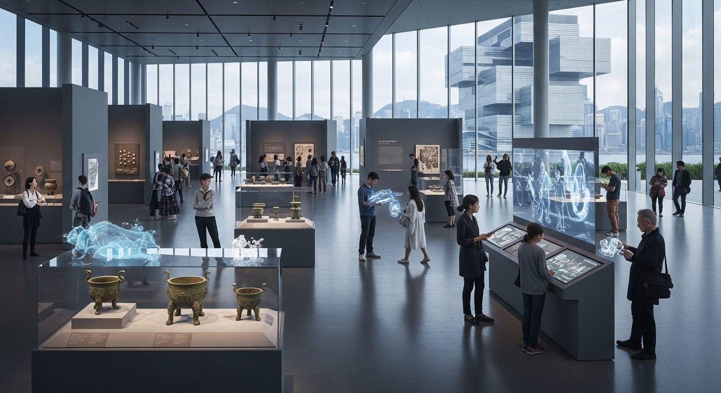 홍콩 고궁 박물관의 현대적 건축과 전시실에서 관람하는 모습.