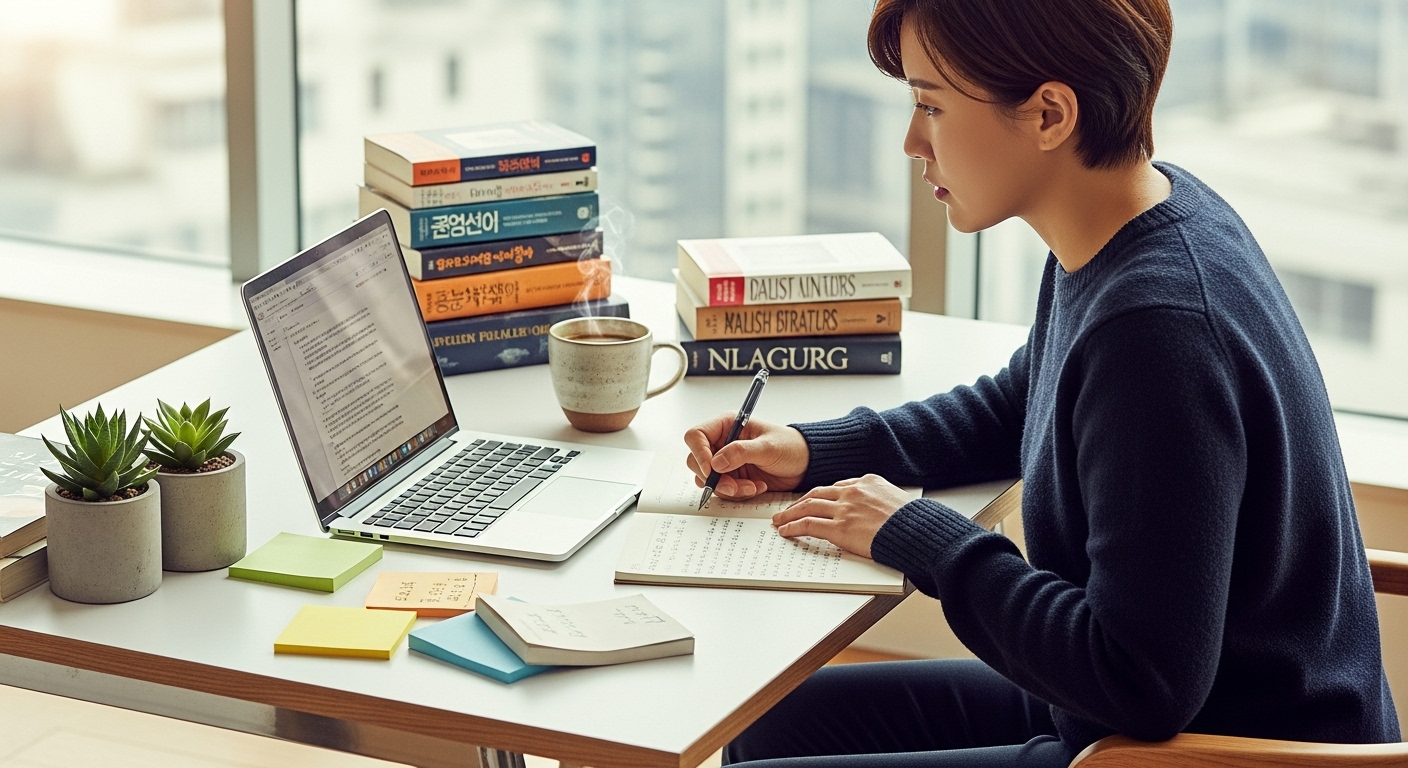 현대적인 책상에서 노트북과 노트를 활용해 글을 쓰는 모습의 작가