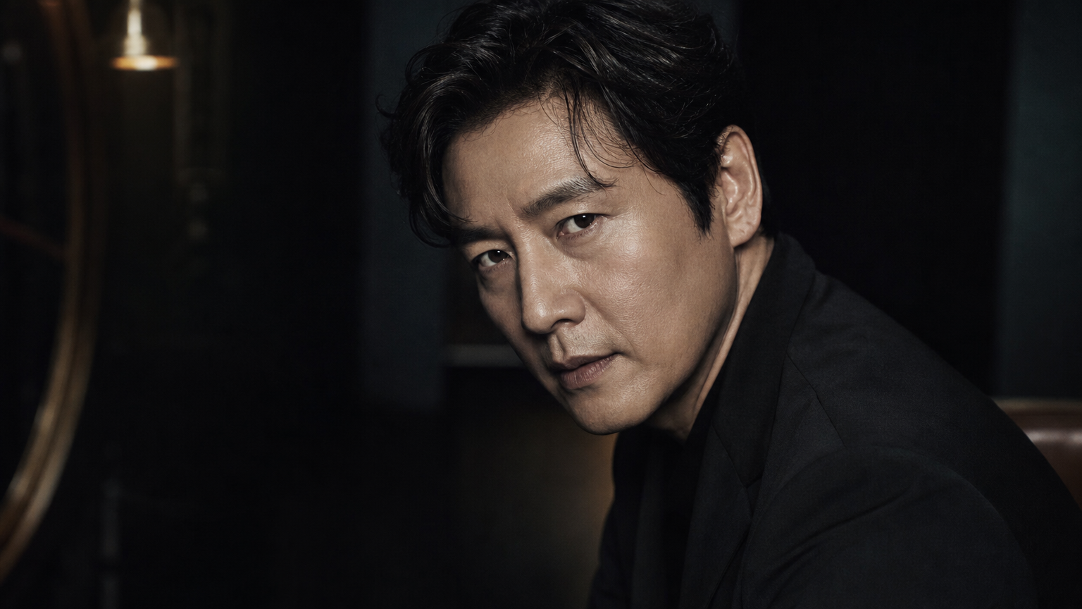 어두운 방 안에서 강렬한 눈빛을 가진 김기천 배우