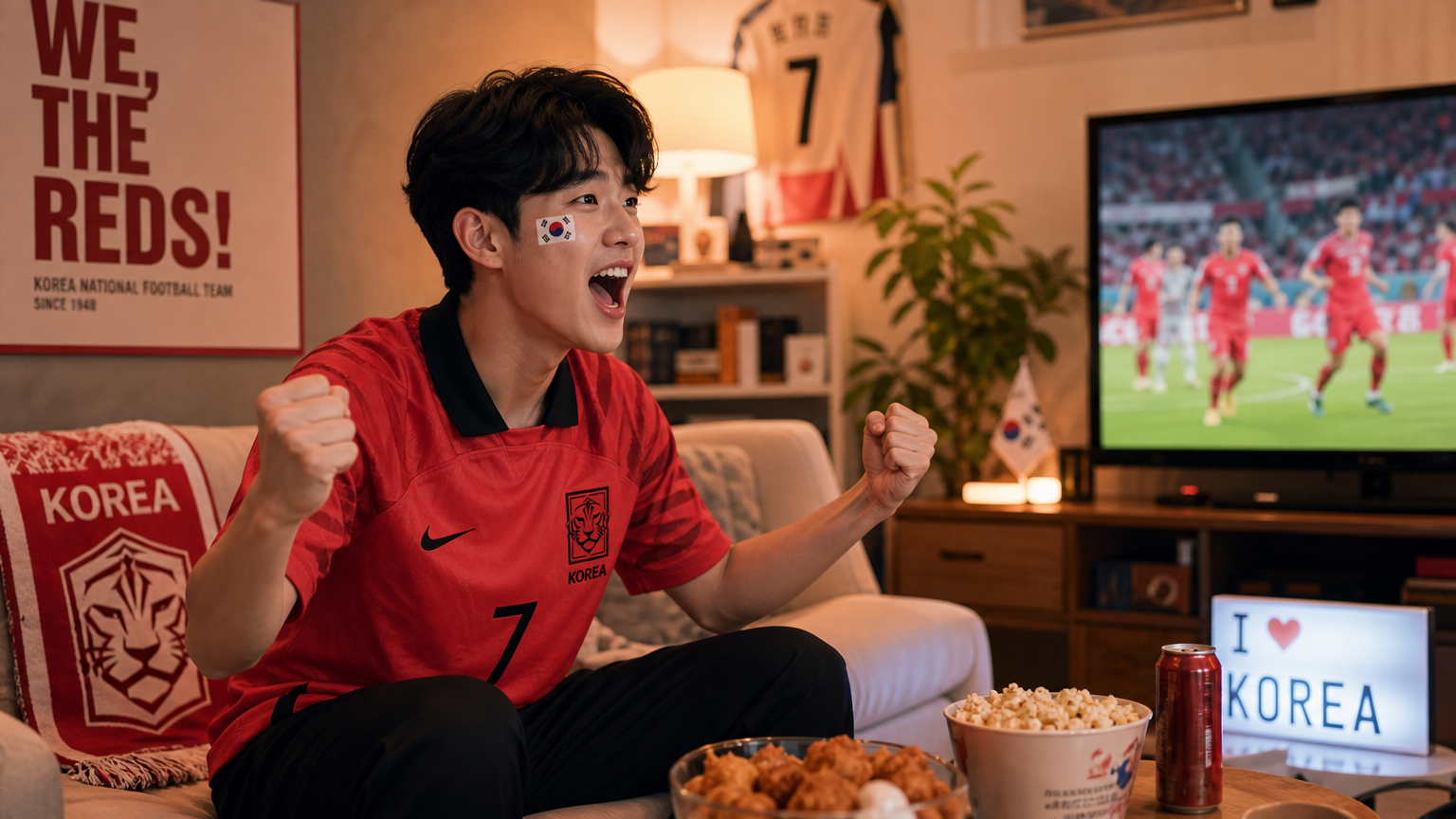 젊은 축구 팬이 집에서 경기를 보는 모습