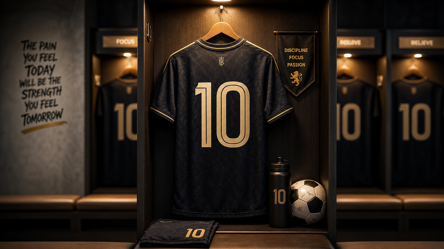 번호 '10'이 적힌 축구 유니폼이 락커룸에 있는 장면