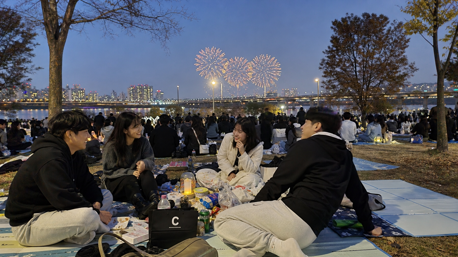 가을밤에 돗자리와 간식을 준비하고 편안히 쉬고 있는 친구들의 모습