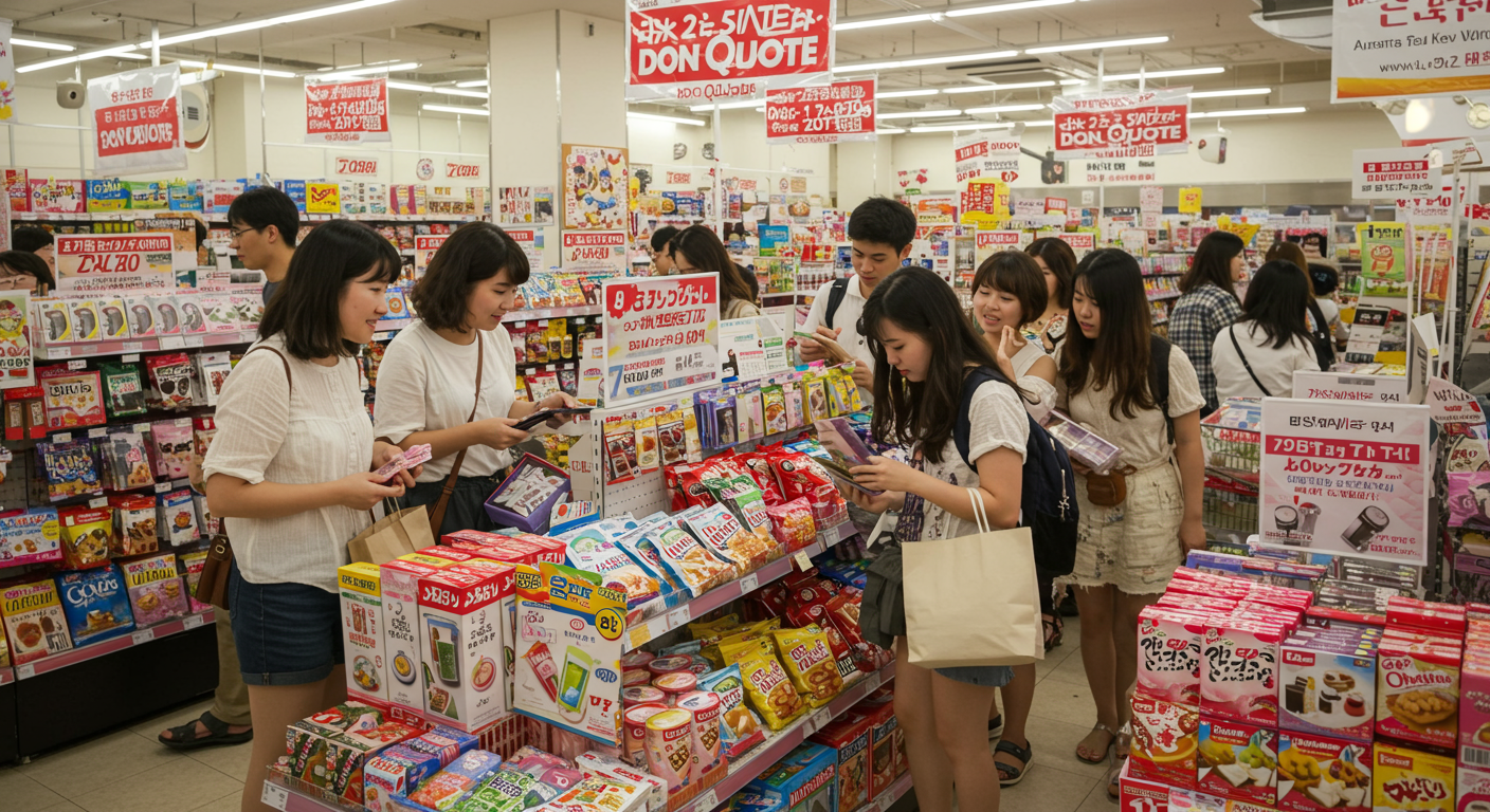 일본의 돈키호테 매장에서 다양한 상품을 구매하는 관광객들의 활기찬 모습