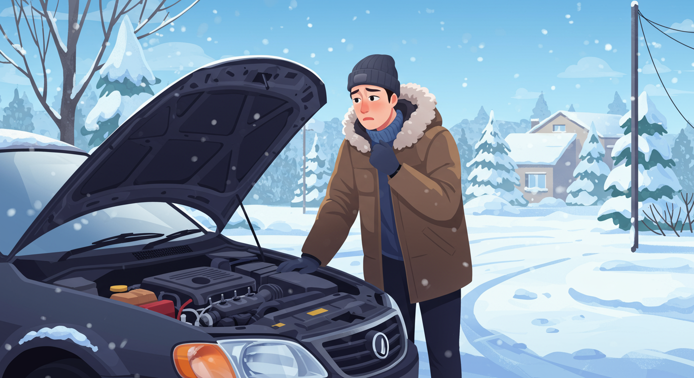 한국인 운전자가 눈 내리는 거리에서 자동차 보닛을 열고 걱정스러운 표정을 짓고 있는 모습