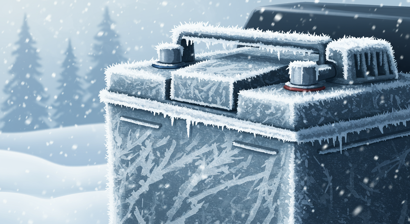 서리가 낀 자동차 배터리를 클로즈업으로 보여주는 추운 겨울 배경 이미지