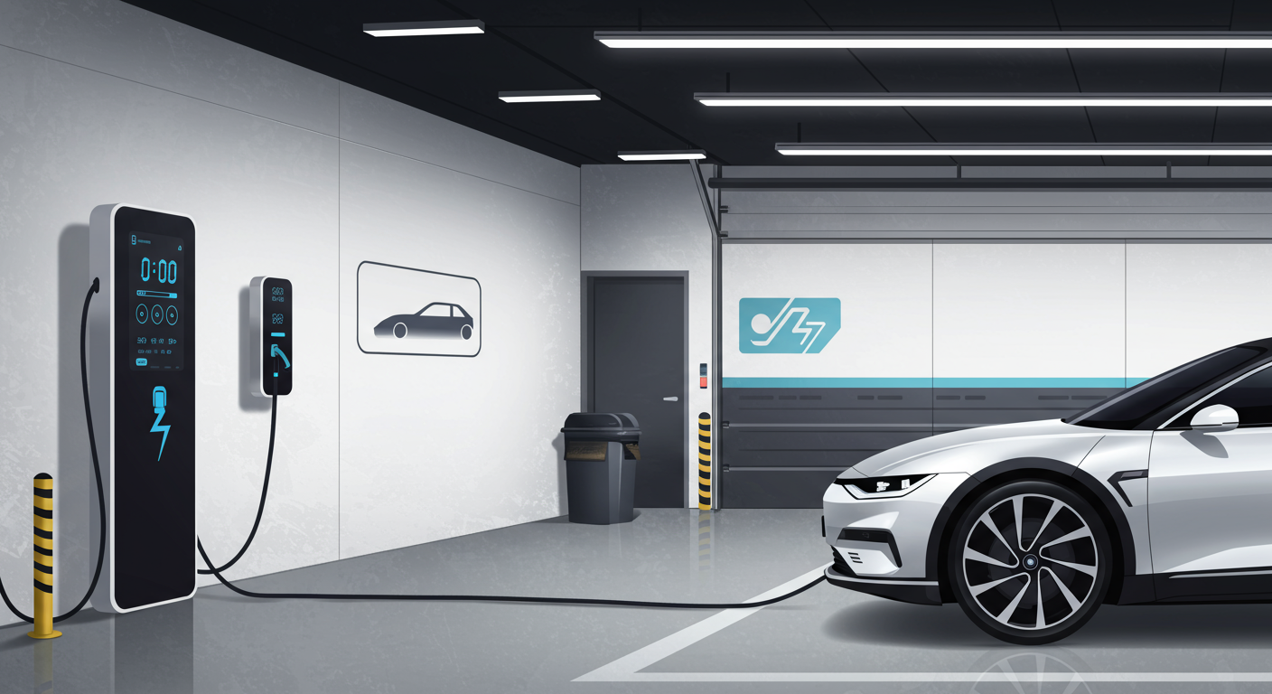 한국식 차고에서 자동차가 충전기에 연결되어 있는 모습과 충전 레벨 표시