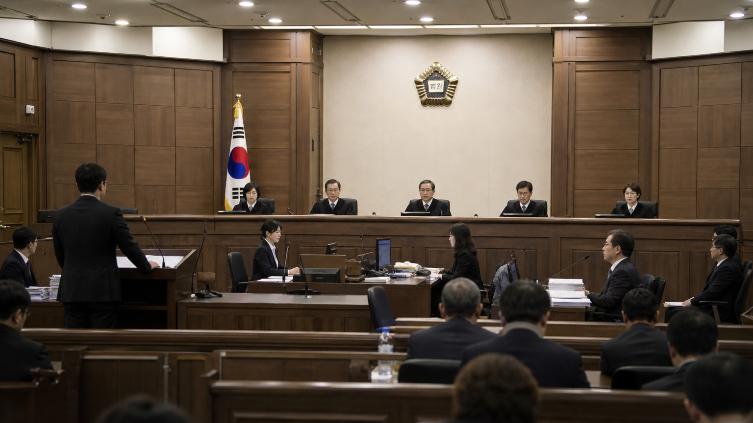 중요한 형사 사건 재판이 열리고 있는 한국 법정의 모습