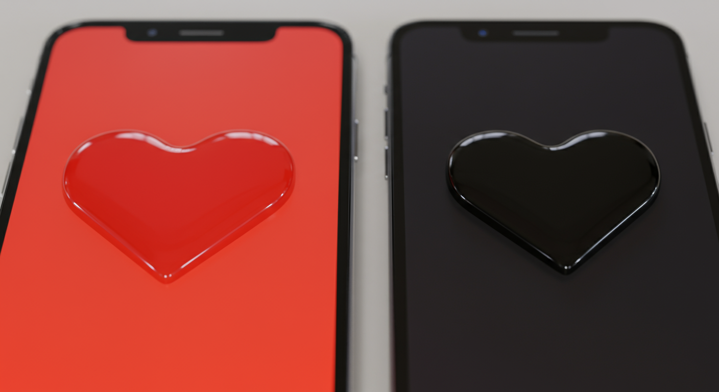 서로 다른 스마트폰 화면에 표시된 다양한 스타일의 하트 이모티콘 비교 장면