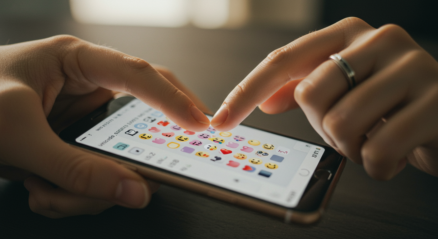 스마트폰에서 유니코드 키보드 앱으로 다양한 하트 이모티콘을 선택하는 손의 클로즈업 모습