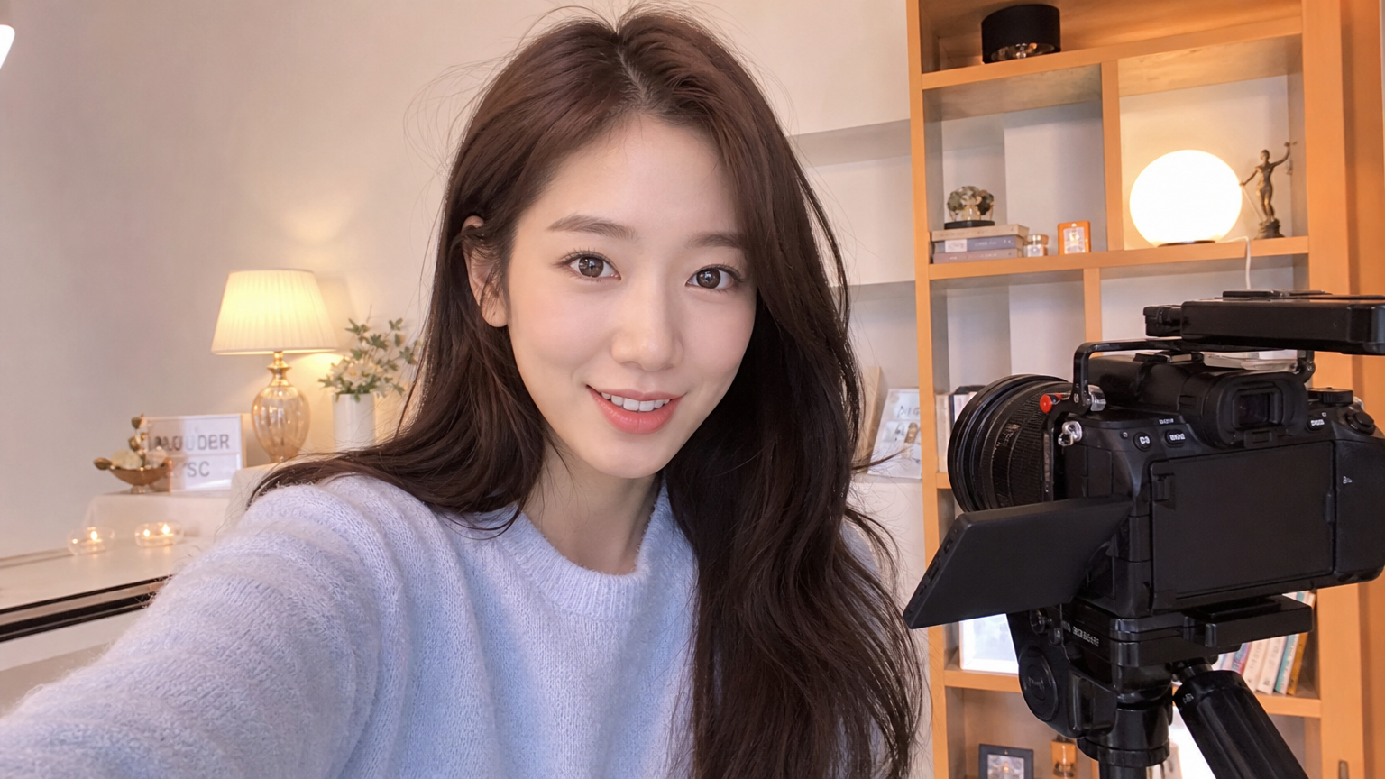 현대적인 장비와 조명 아래 브이로그를 촬영하는 황신혜의 모습