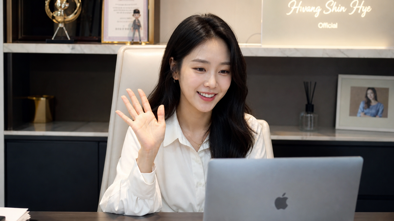세련된 오피스에서 노트북으로 팬들과 소통하는 모습