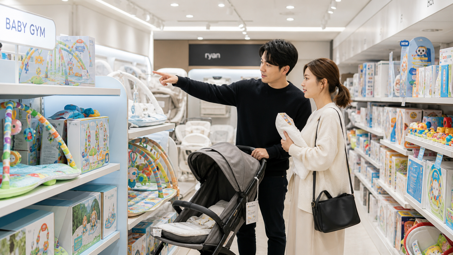 현대적인 매장에서 다양한 교육용 장난감과 아기 체육관을 쇼핑하는 부모들