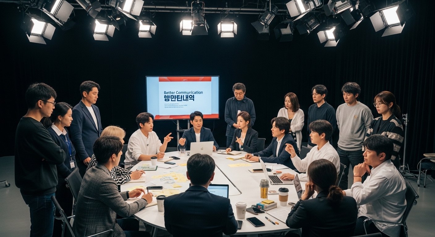 스튜디오 환경에서 열린 토론을 통해 원활한 소통을 하는 다양한 한국 제작진과 연예인들