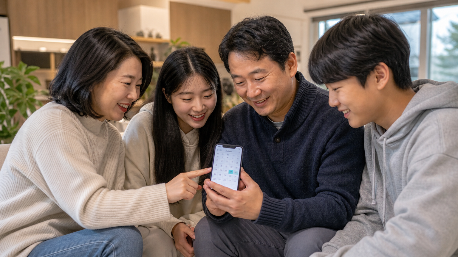 스마트폰 달력 앱을 보며 다가올 이벤트를 계획하는 가족의 모습