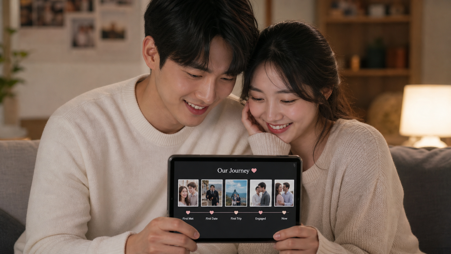 디지털 태블릿으로 관계 타임라인을 보는 젊은 커플의 따뜻한 풍경