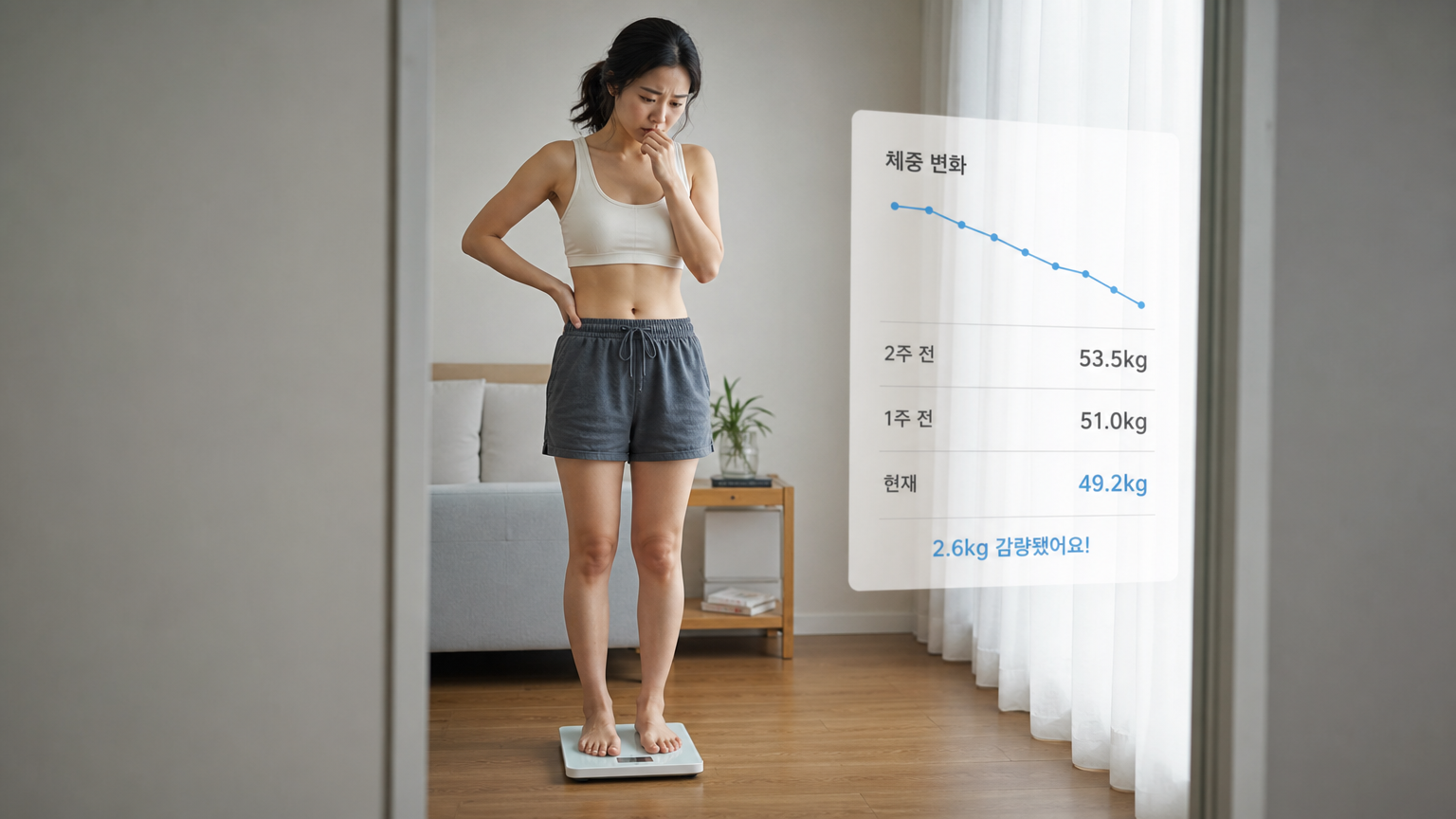 체중 감소 후 걱정스러운 표정을 짓고 있는 여성