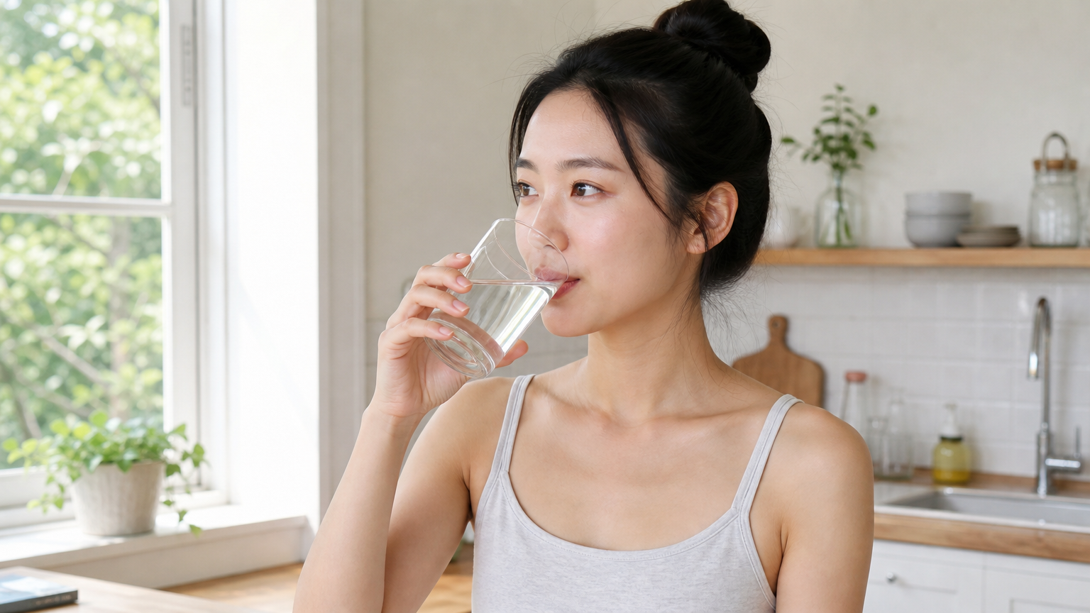 주방에서 물을 마시는 젊은 여성이 건강한 수분 섭취를 강조하는 모습