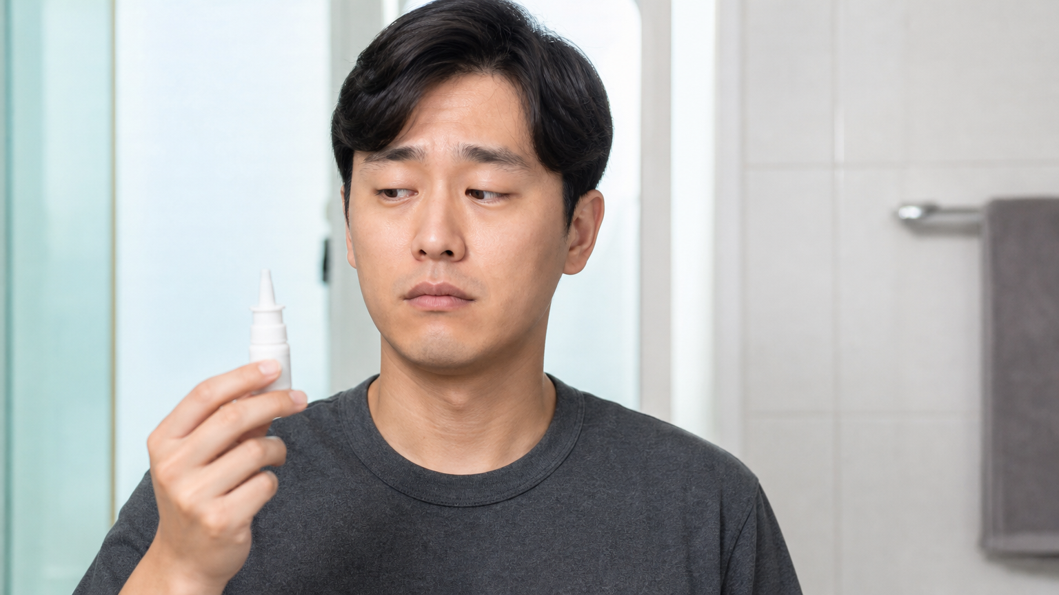 욕실에서 코 스프레이를 들고 신중한 표정을 짓고 있는 남성