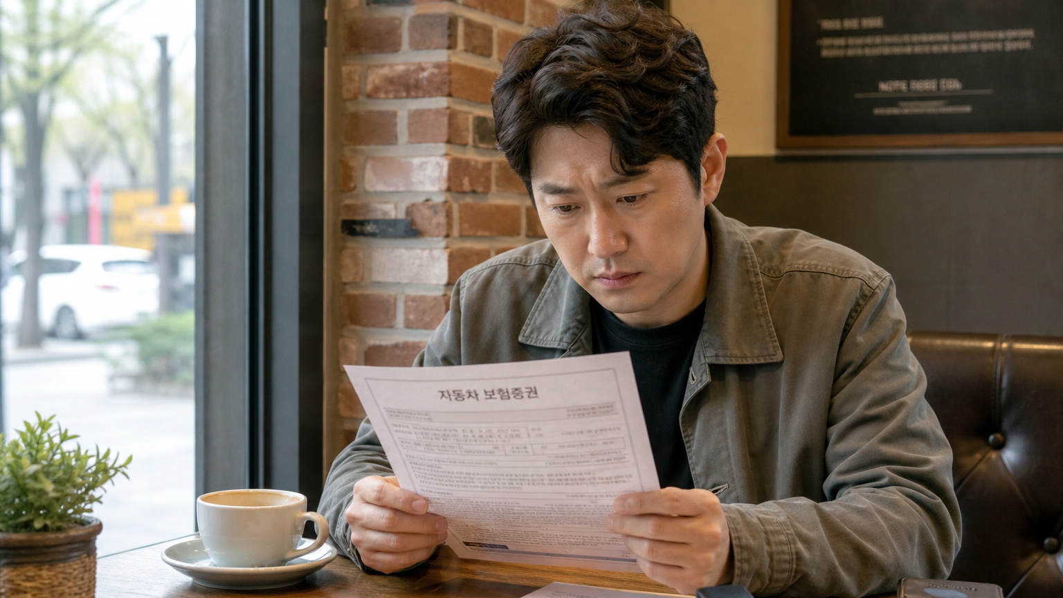 카페에서 자동차 보험 서류를 읽으며 고민하는 운전자의 모습