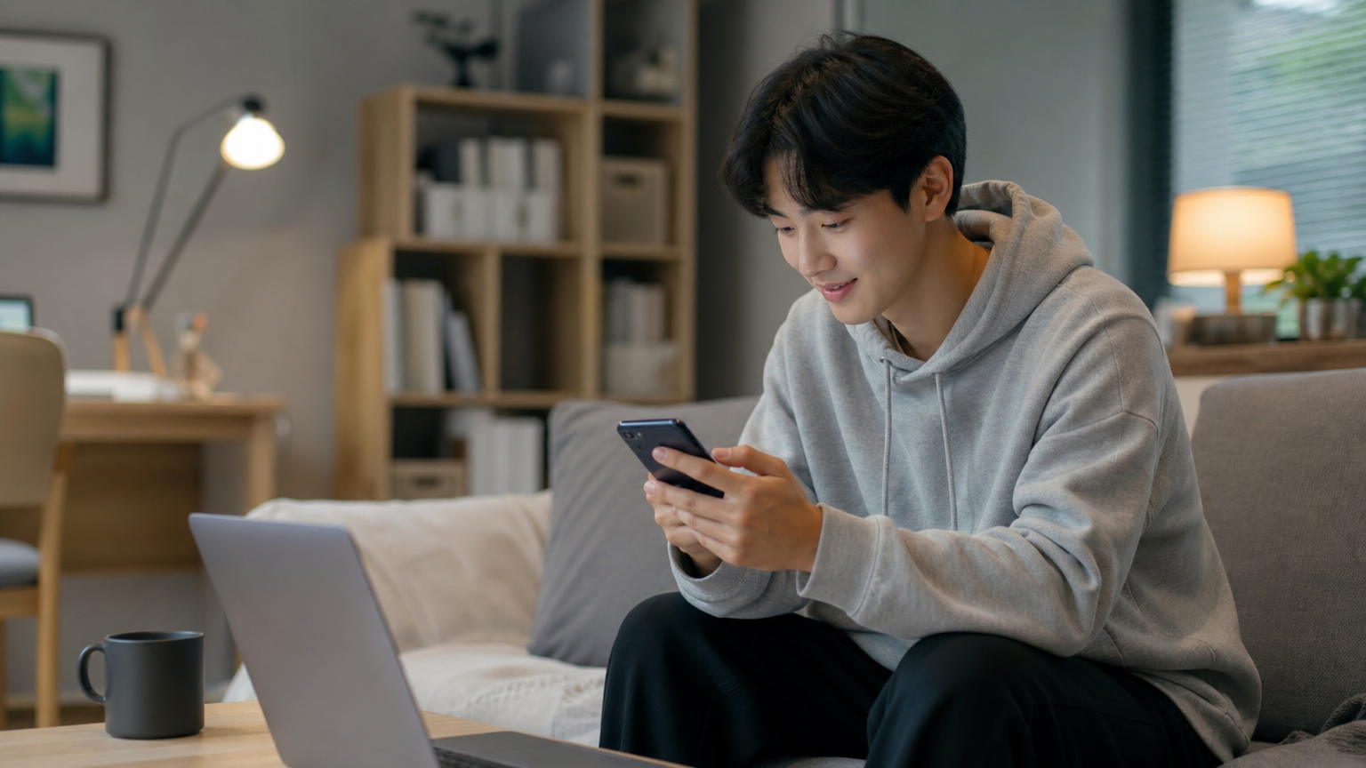 집에서 스마트폰으로 온라인 보험에 가입하는 젊은이의 모습