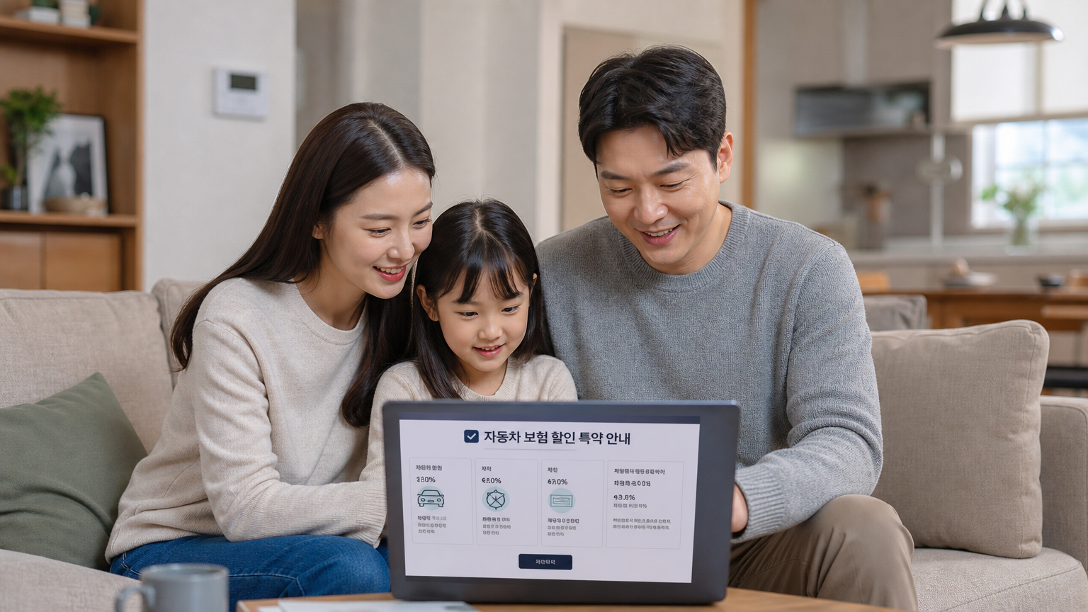 가족들이 거실에서 노트북으로 자동차 보험 할인 내용을 검토하는 장면