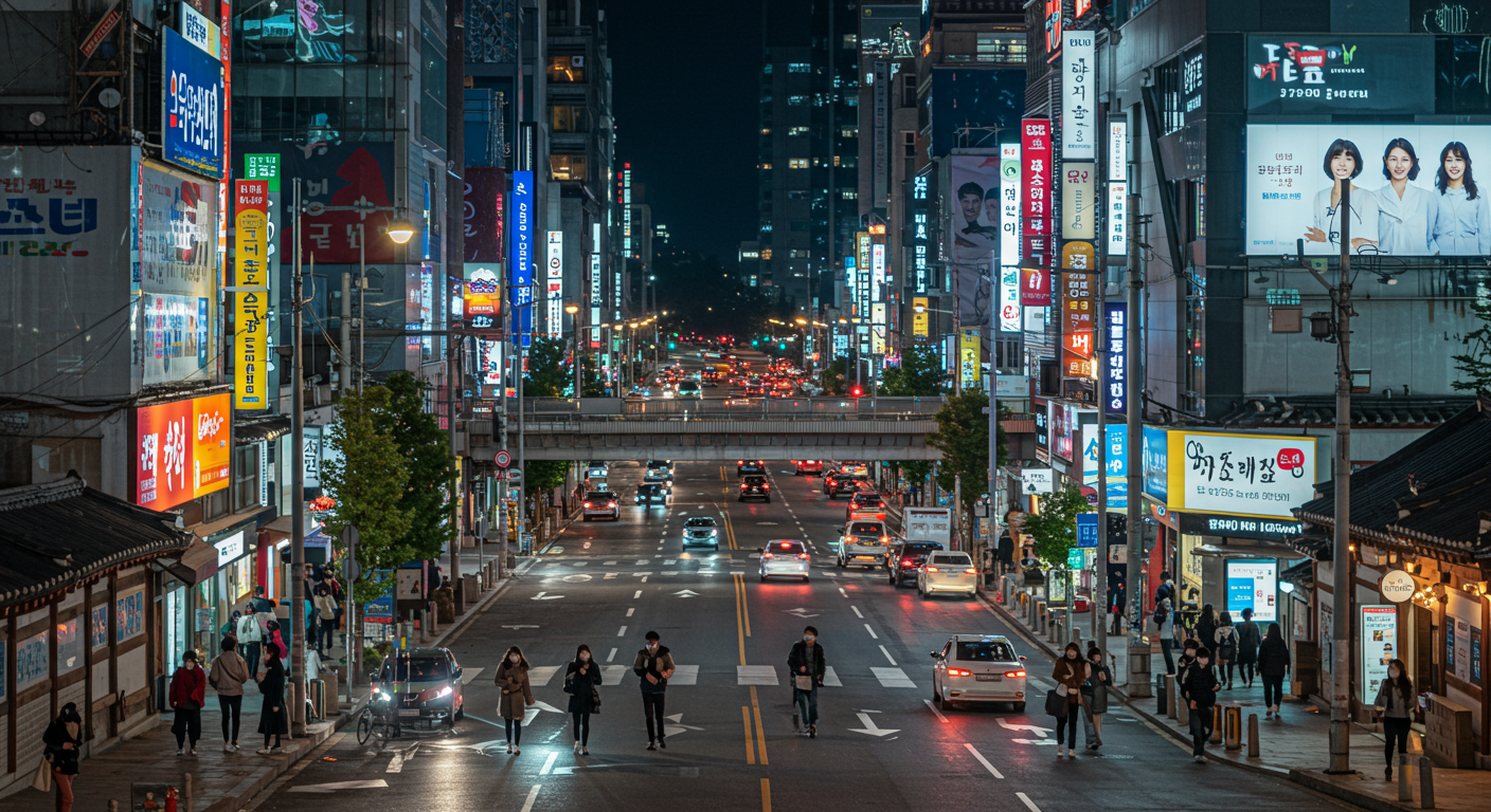 마스크를 쓴 사람들이 붐비는 현대적인 한국 도시 풍경
