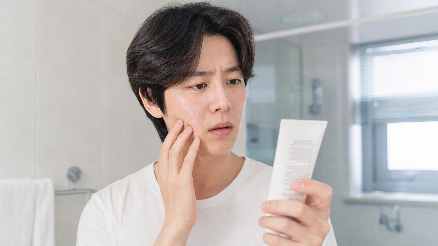민감한 피부를 가진 성인이 현대적인 욕실에서 스킨케어 제품 라벨을 보는 모습