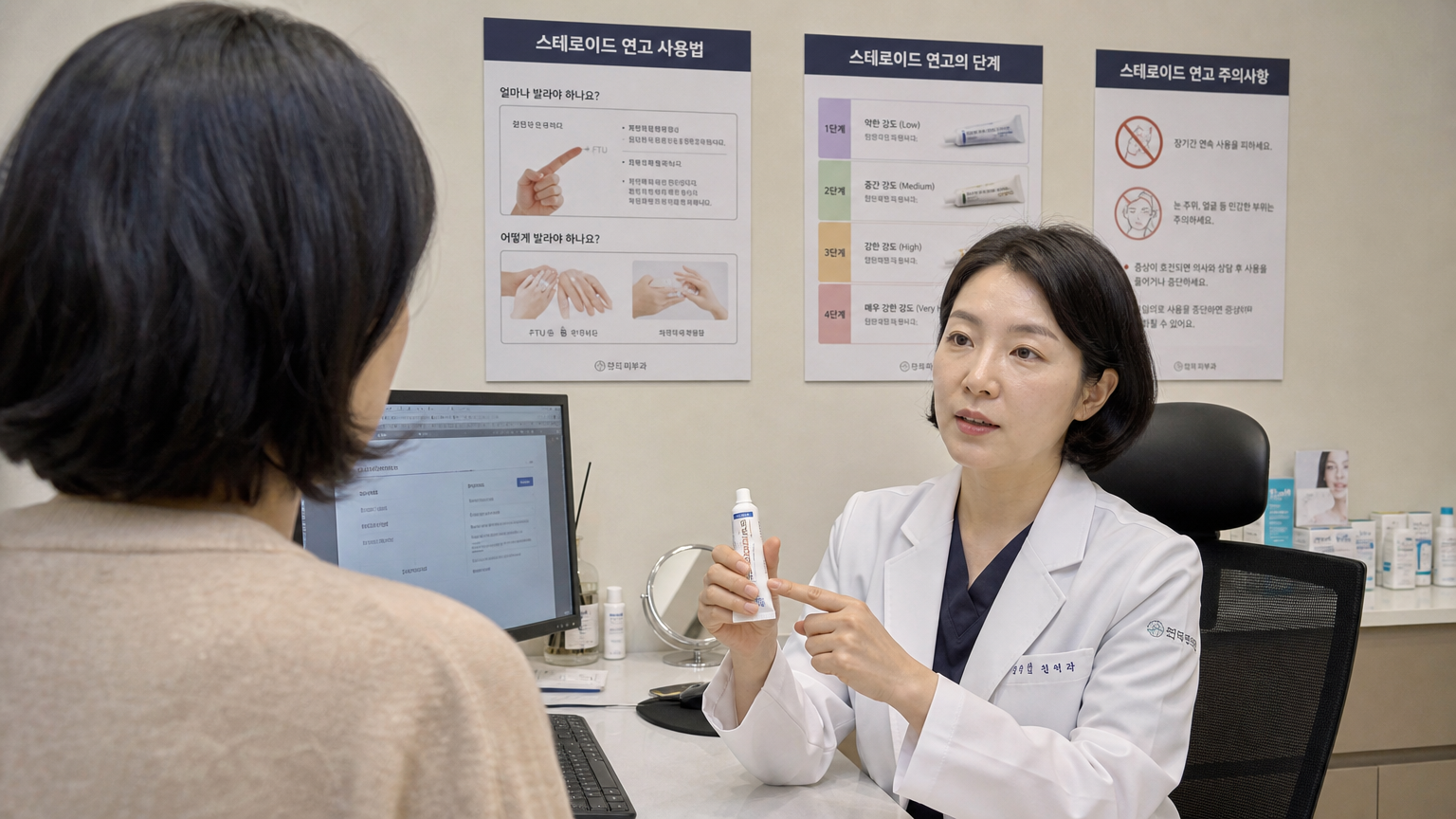 한국의 피부과 전문의가 클리닉에서 성인 환자에게 스테로이드 연고 사용법을 설명하는 모습