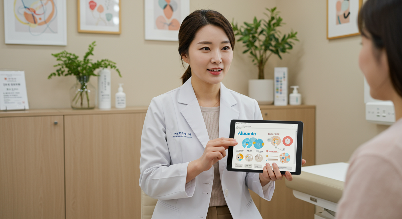 현대식 병원에서 디지털 태블릿을 사용하여 알부민의 효능을 설명하는 의료 전문가