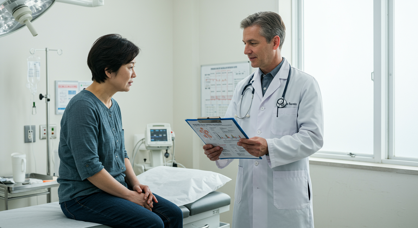 진료실에서 저알부민혈증 치료에 대해 의사와 상담하는 환자