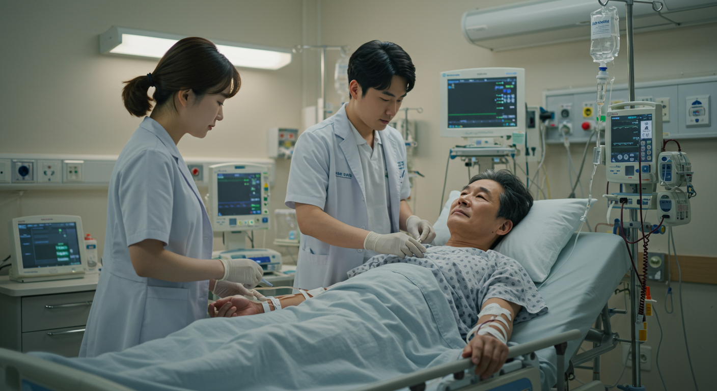 병원에서 의료진이 체액 관리를 돕는 가운데 알부민 주사를 받는 투석 환자