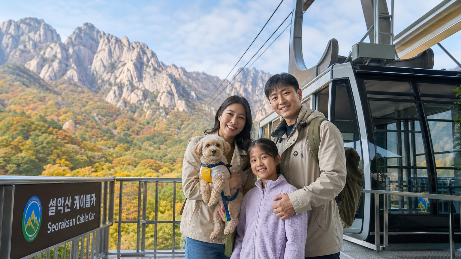 현대적인 한국 가족이 소형견과 함께 설악산 케이블카를 타기 위해 준비하는 모습