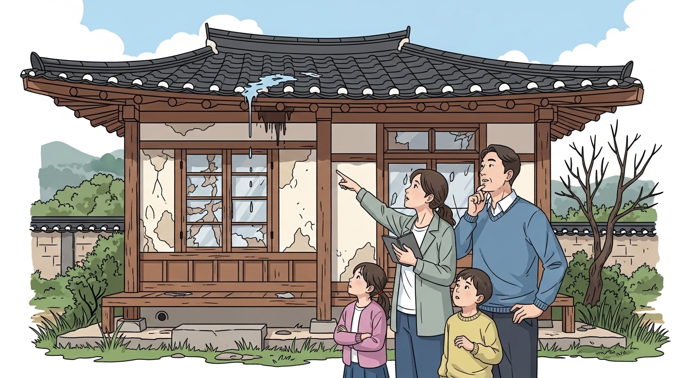 낡은 창문과 비가 새는 지붕을 가진 오래된 집을 살펴보는 가족