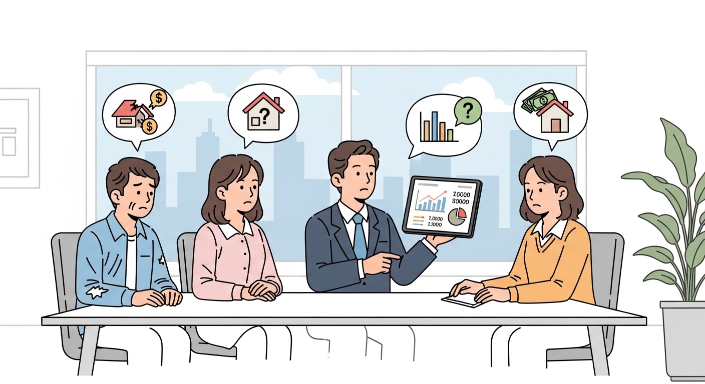 다양한 사회 경제적 배경의 한국 가정들이 시청 공무원과 함께 소득 기준에 대해 논의하는 장면