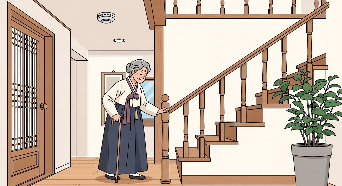 노인을 위한 안전 손잡이와 화재감지기를 설치하는 모습