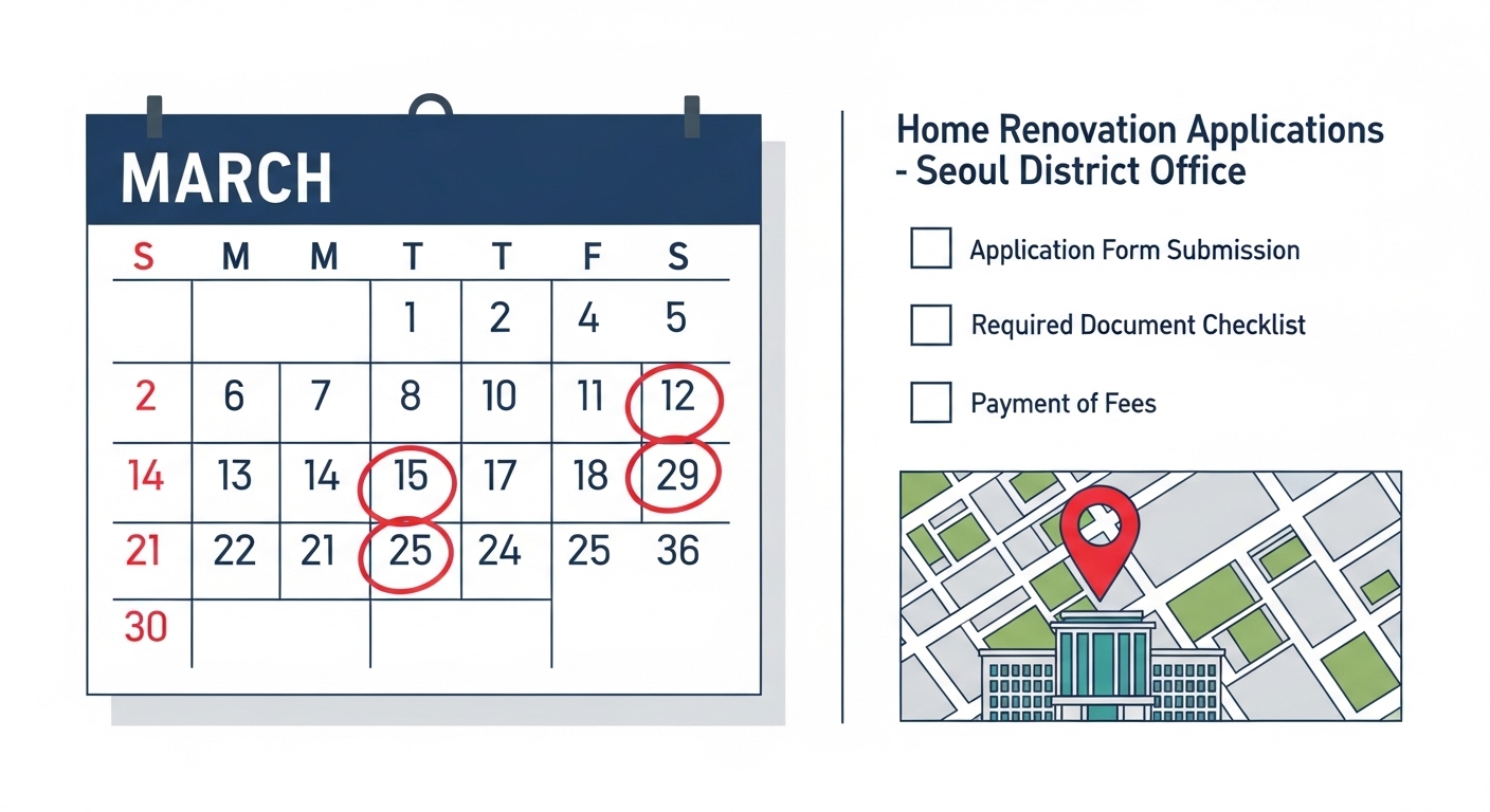 서울 지역구 사무실에 서류를 제출하기 위해 체크리스트와 달력을 들여다보는 모습