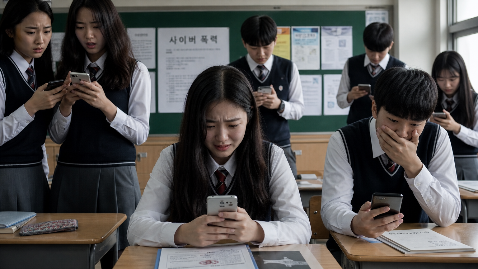 교실에서 사이버 폭력을 당하는 학생들이 긴장된 표정으로 디지털 기기를 들고 있는 모습