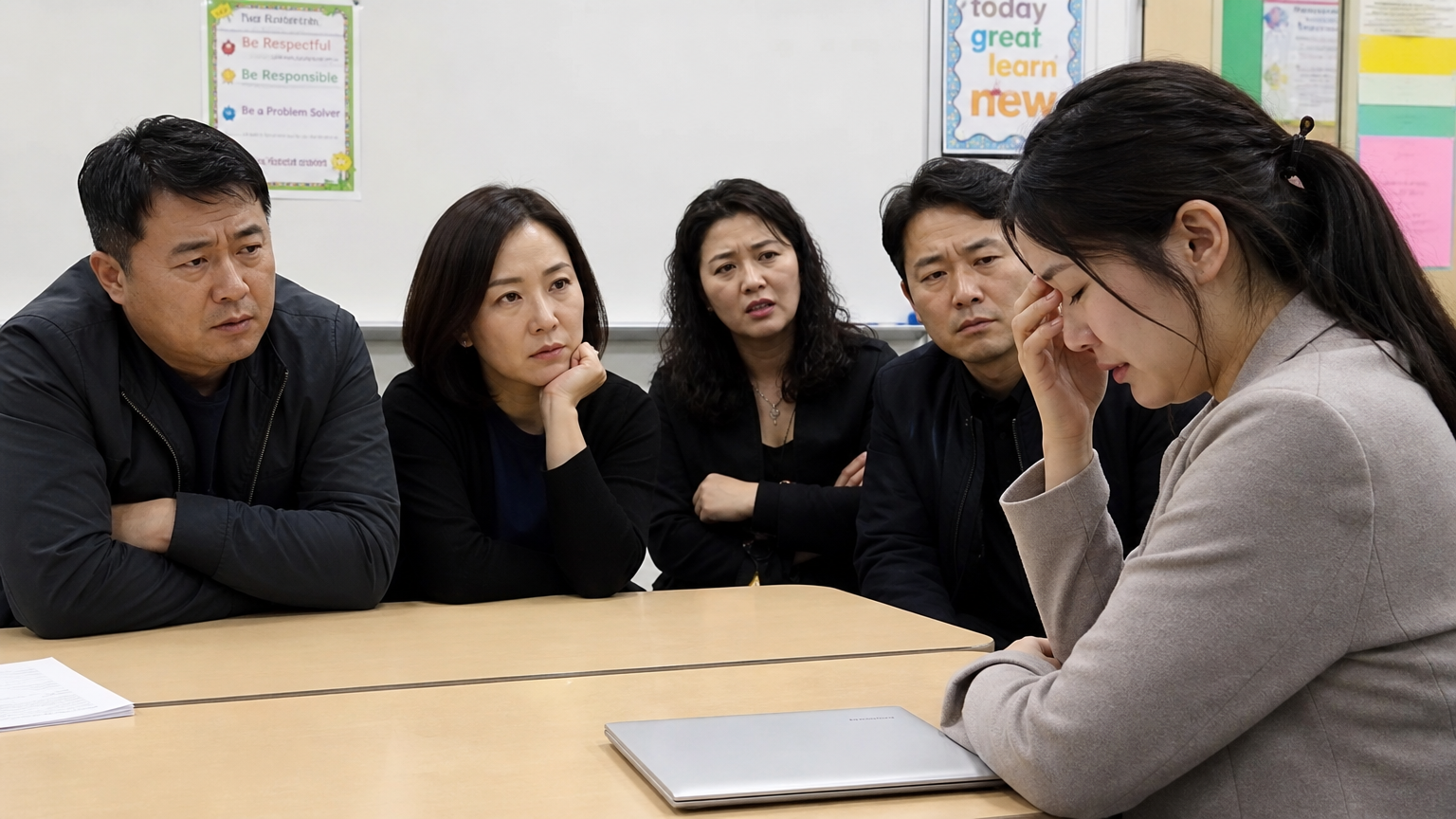 학교 회의실에서 학부모들과 마주하고 있는 스트레스 받는 한국 교사의 모습