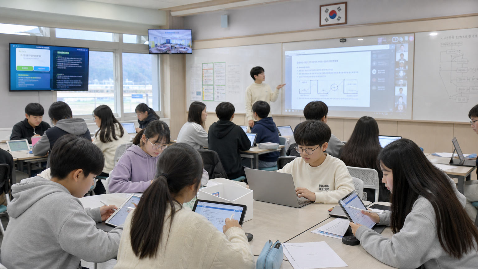AI 학습 도구와 함께 다양한 학생들이 참여형 활동에 몰두하고 있는 미래형 한국 교실
