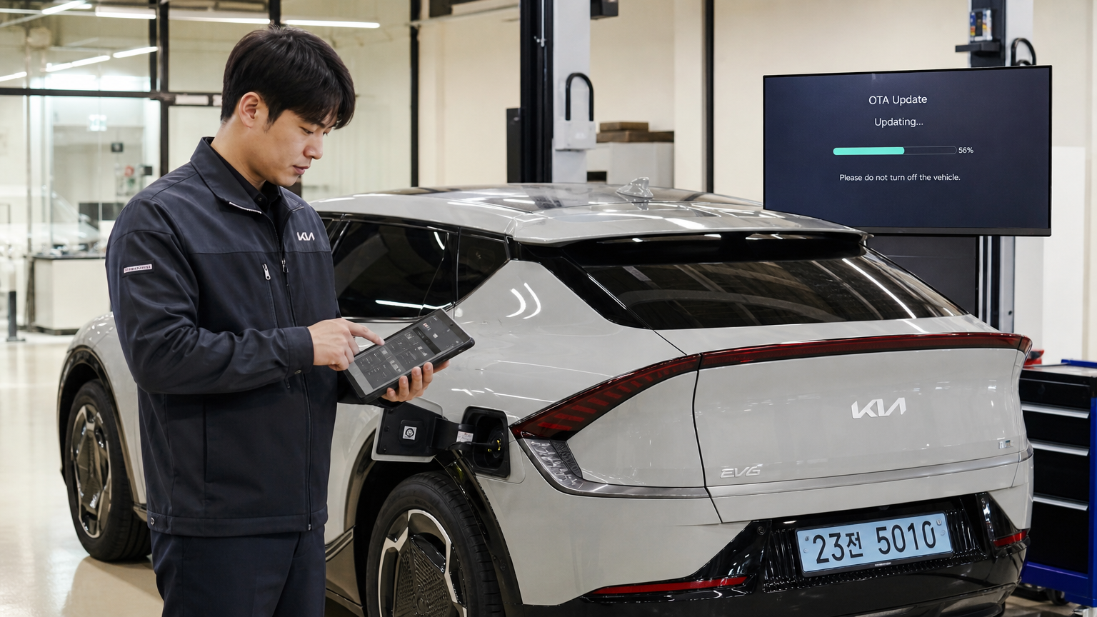 전기차에서 태블릿으로 OTA 업데이트를 수행하는 기술자